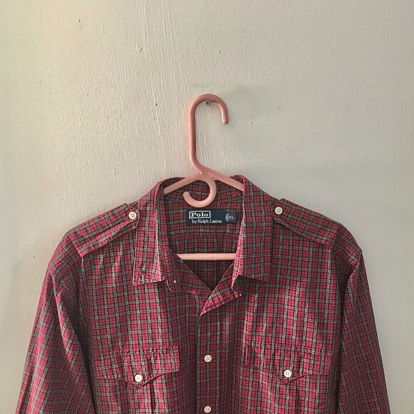 Men's Polo Button-Down Long Sleeve Shirt - Burgundy/Black/White - Size XL - Picture 2 of 5